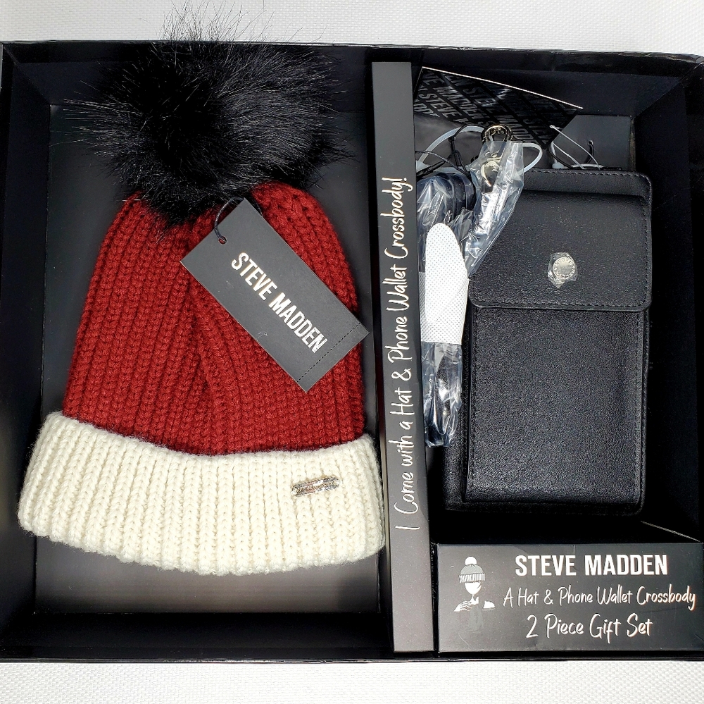 New Steve Madden Wine Beanie & Black Phone Wallet